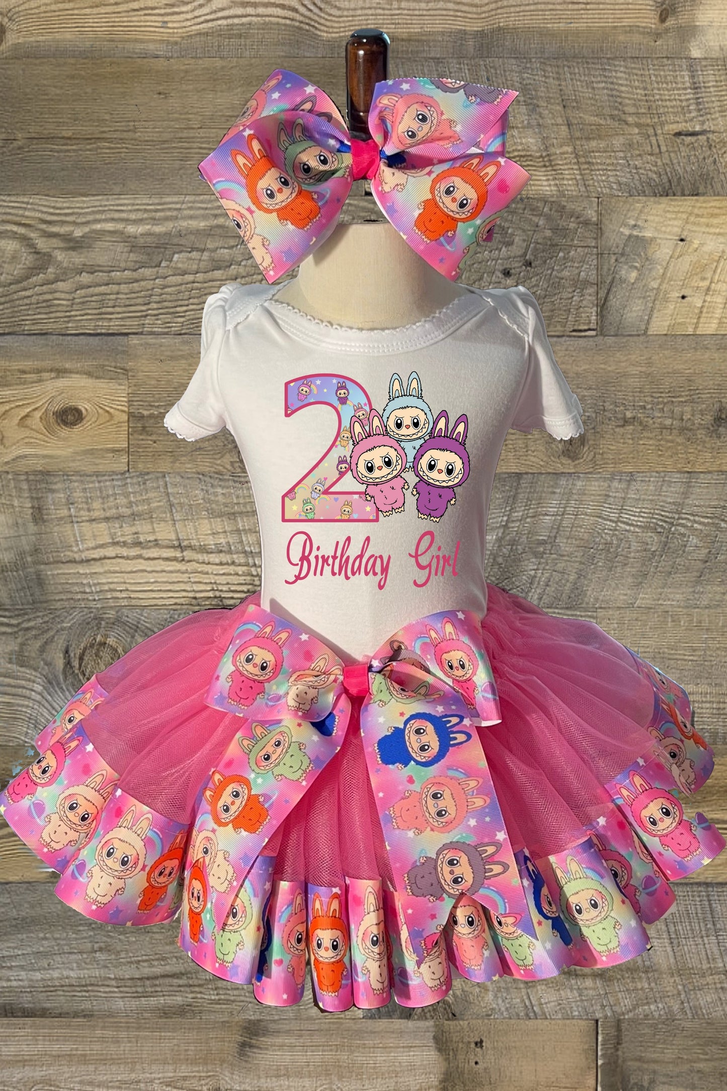 Girls 3 Piece LABUBU Birthday Ribbon Tutu Outfit | Ribbon Tutu, Tshirt or Onesie & Matching Hair Bow | LABUBU Birthday Dress