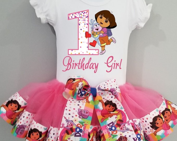 Girls 3 Piece DORA Birthday Ribbon Tutu Outfit Ribbon Tutu Tshirt o Birthday Custom Design