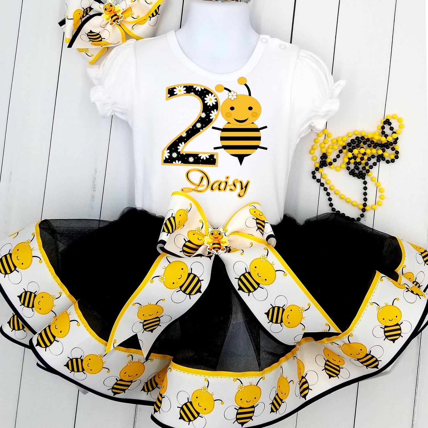 Girls BUMBLEBEE 3 Piece Birthday Ribbon Tutu Outfit | BUMBLE BEE Ribbon Tutu, Tshirt or Onesie and Matching Hair Bow | Adorable!