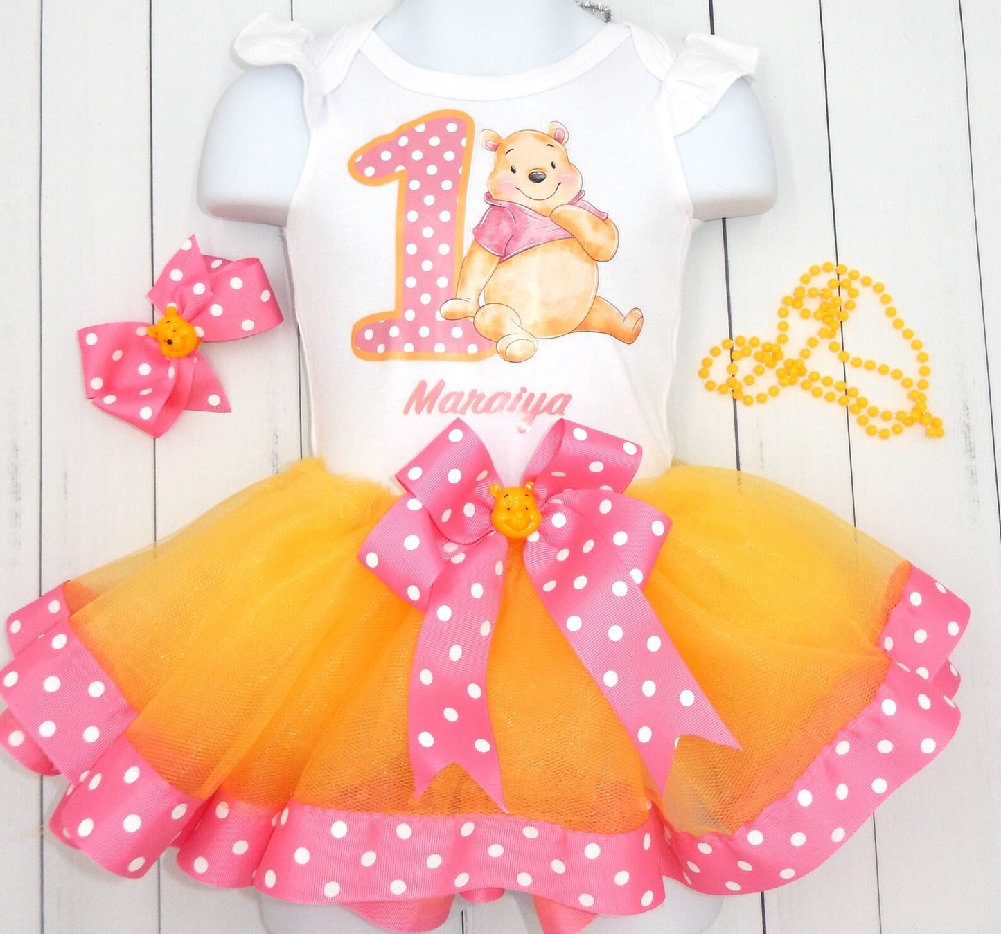 Girls WINNIE THE POOH 3 Piece Birthday Ribbon Tutu Outfit | Winnie Ribbon Tutu, Tshirt or Onesie and Matching Hair Bow | Adorable!
