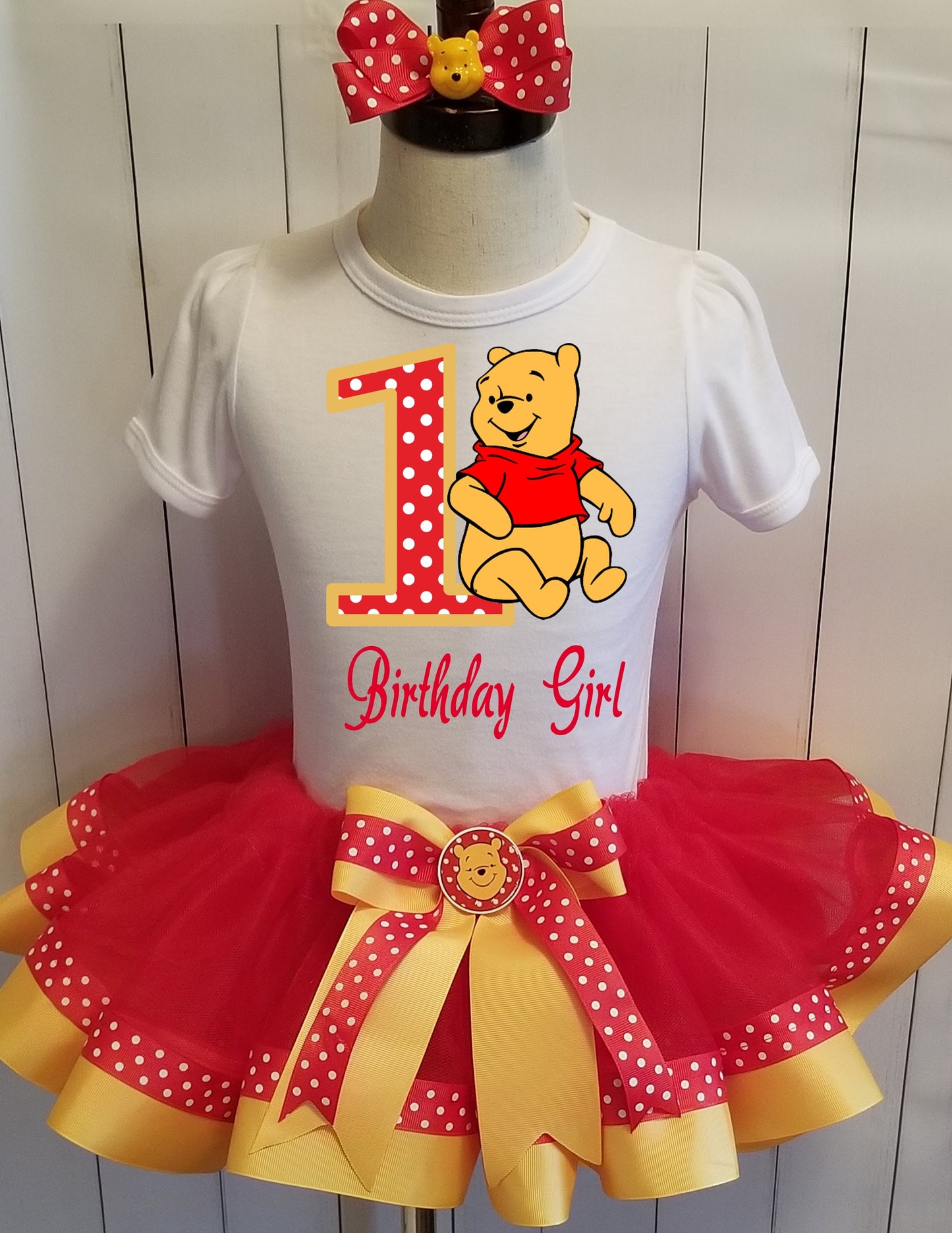 Girls WINNIE THE POOH 3 Piece Birthday Ribbon Tutu Outfit | Winnie Ribbon Tutu, Tshirt or Onesie and Matching Hair Bow | Adorable!