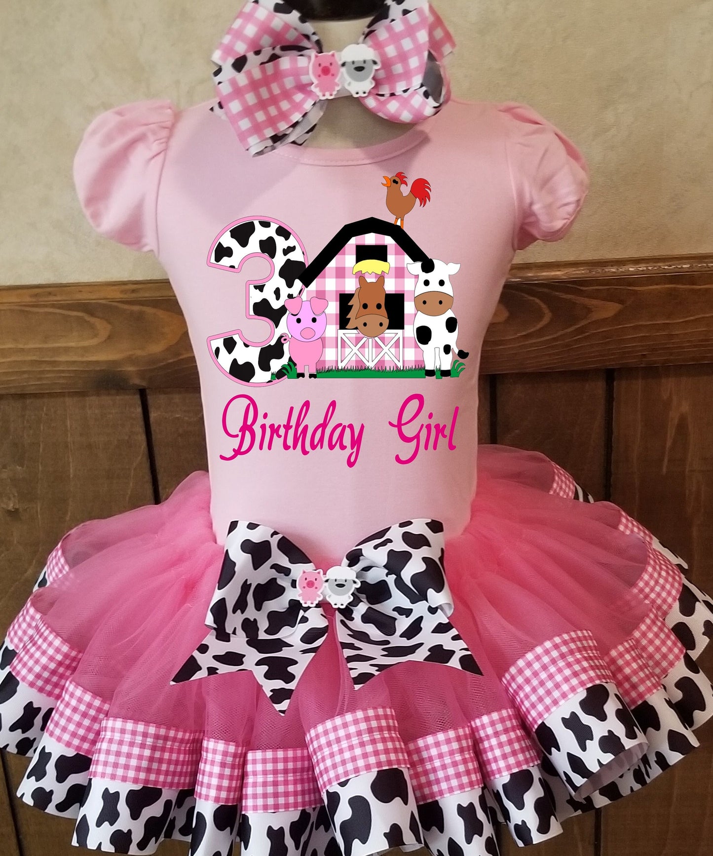 Girls Farm Animal 3 Piece DOUBLERibbon Tutu BIRTHDAY Outfit | Baby Pink Plaid Barn Tutu, Tshirt & Matching Bow | Cow Horse Pig Tutu | ADORABLE!