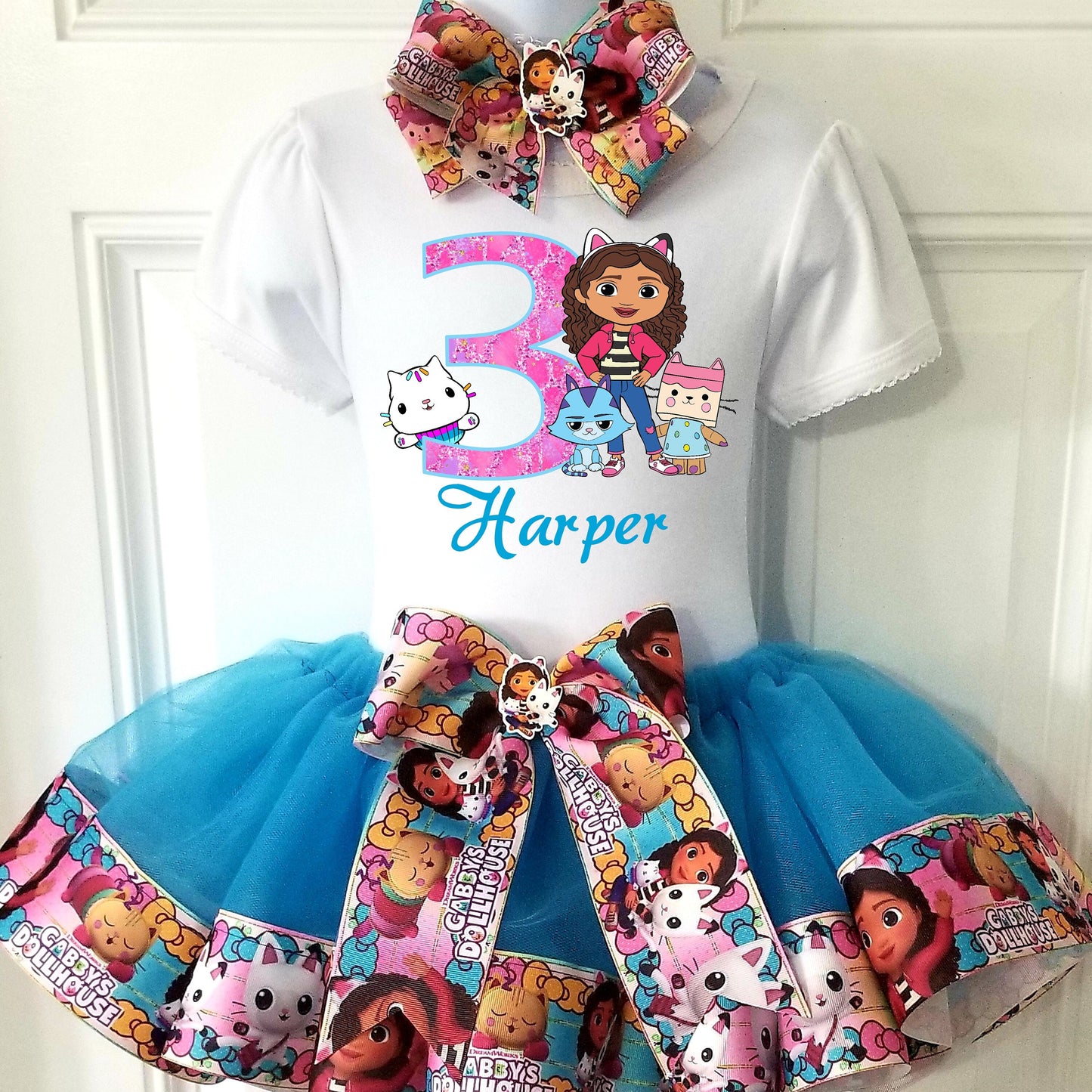 Girls 3 Piece GABBY'S DOLLHOUSE Birthday Ribbon Tutu Outfit Includes Ribbon Tutu, Tshirt or Onesie and Matching Hair Bow