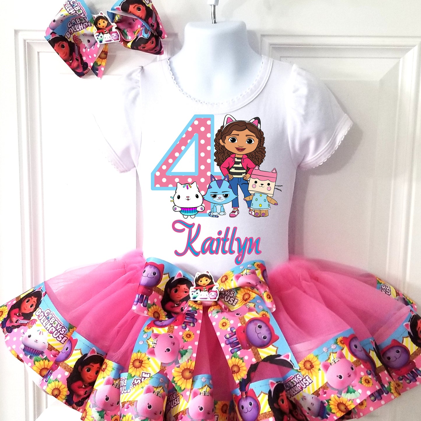 Girls 3 Piece GABBY'S DOLLHOUSE Birthday Ribbon Tutu Outfit Includes Ribbon Tutu, Tshirt or Onesie and Matching Hair Bow