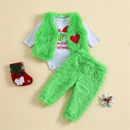 BABY Boys 3 Piece GRINCH CHRISTMAS Costume | Includes Furry Green Pants with Matching Vest and Long Sleeve Onesie | ADORABLE!