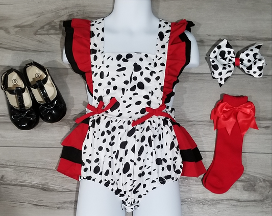 Baby Girls DALMATIAN 4 Piece Romper Outfit | Baby Toddler CRUELLA DEVILLE Romper, Socks, Shoes and Matching Hairbow | Great Baby Gift!