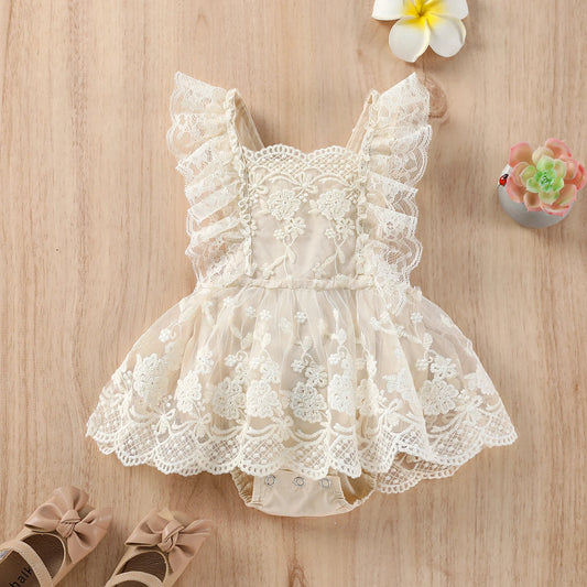 Baby Girls Ivory Lace Romper Outfit | Baby Toddler Ivory Ruffled Dress with Attached Bloomers | Great Baby Gift!