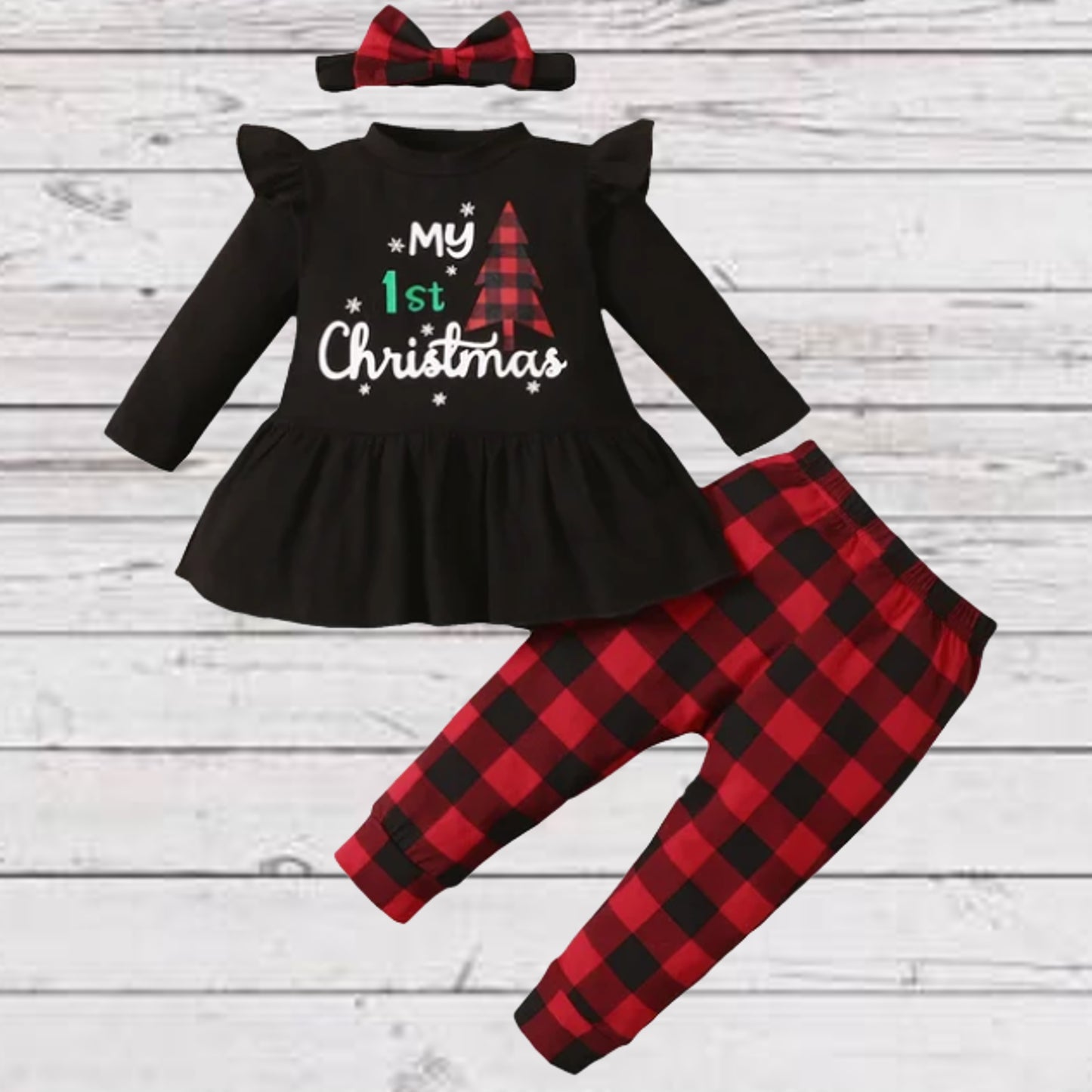 Girls My 1st Christmas 3 Piece Set | CLEARANCE SALE | Baby Christmas Buffalo Plaid Outfit | Christmas Clearance 70% Off!