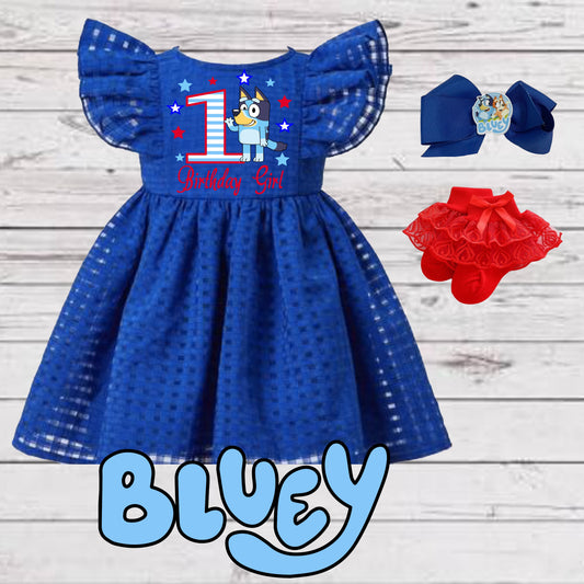 Baby Girl Toddler Bluey Birthday 3 Piece Dress | Royal Blue Flutter Sleeve Lined BLUEY Dress, Red Socks & Matching Hair Bow | Perfect For Pictures |  Photo Prop Blippi Dress