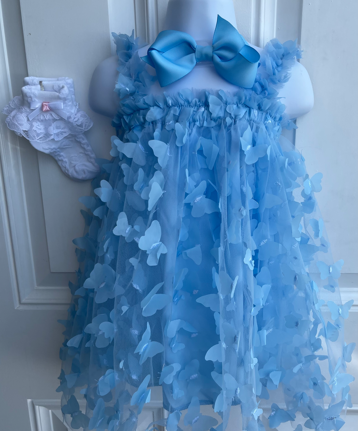 Baby Girl Blue Butterfly Tulle Dress Outfit | Baby Blue Birthday Dress with Matching Bow and Socks | Perfect For Pictures |  Party Dress