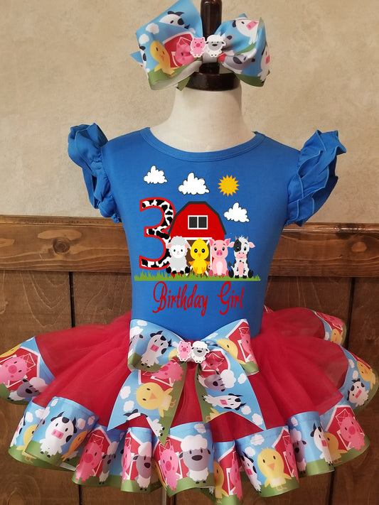 Girls Farm Animal 3 Piece Ribbon Tutu BIRTHDAY Outfit | Baby Red Barn Tutu, Tshirt & Matching Bow | Cow Horse Pig Tutu | ADORABLE!