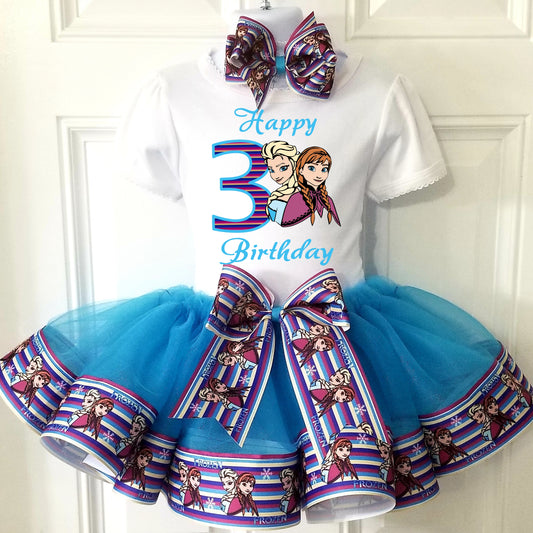 Girls FROZEN 3 Piece Ribbon Tutu Outfit | ELSA & ANNA  Ribbon Tutu, Tshirt or Onesie and Matching Hair Bow | Adorable!