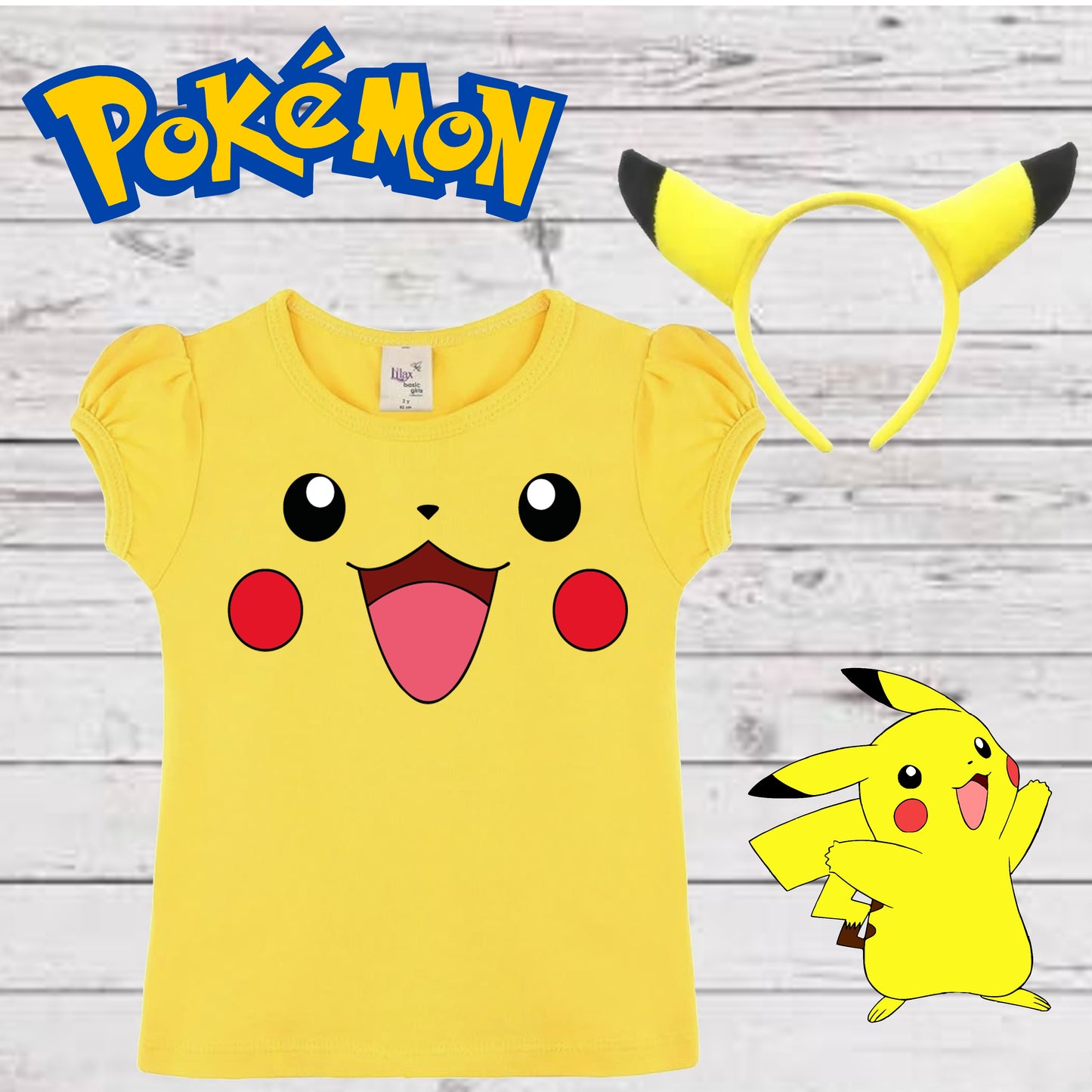 Girls Puff Sleeve POKEMON Tshirt & Matching Pikachu Headband | PIKACHU Short Sleeve Costume Shirt | Great for Pikachu Lover!