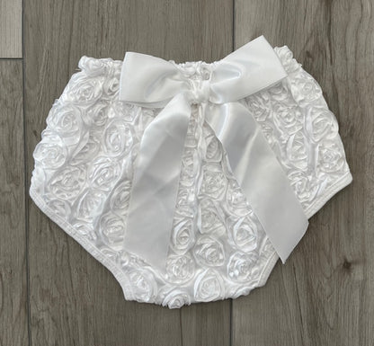 Baby Girls White Satin Rosette Bloomers | Great for Christening, Wedding White Toddler Diaper Cover | ADORABLE!