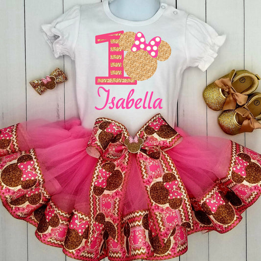 Girls 3 Piece PINK & GOLD MINNIE MOUSE Birthday Ribbon Tutu Outfit | Includes Ribbon Tutu, Tshirt or Onesie and Matching Hair Bow