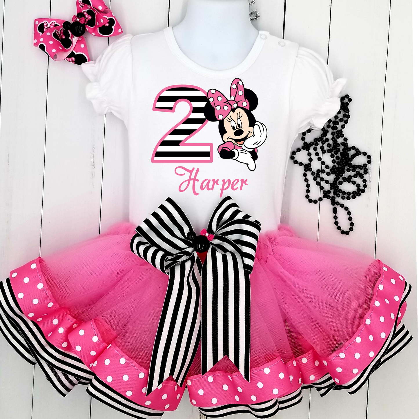 Girls 3 Piece MINNIE MOUSE Birthday Ribbon Tutu Outfit | Includes Ribbon Tutu, Tshirt or Onesie and Matching Hair Bow