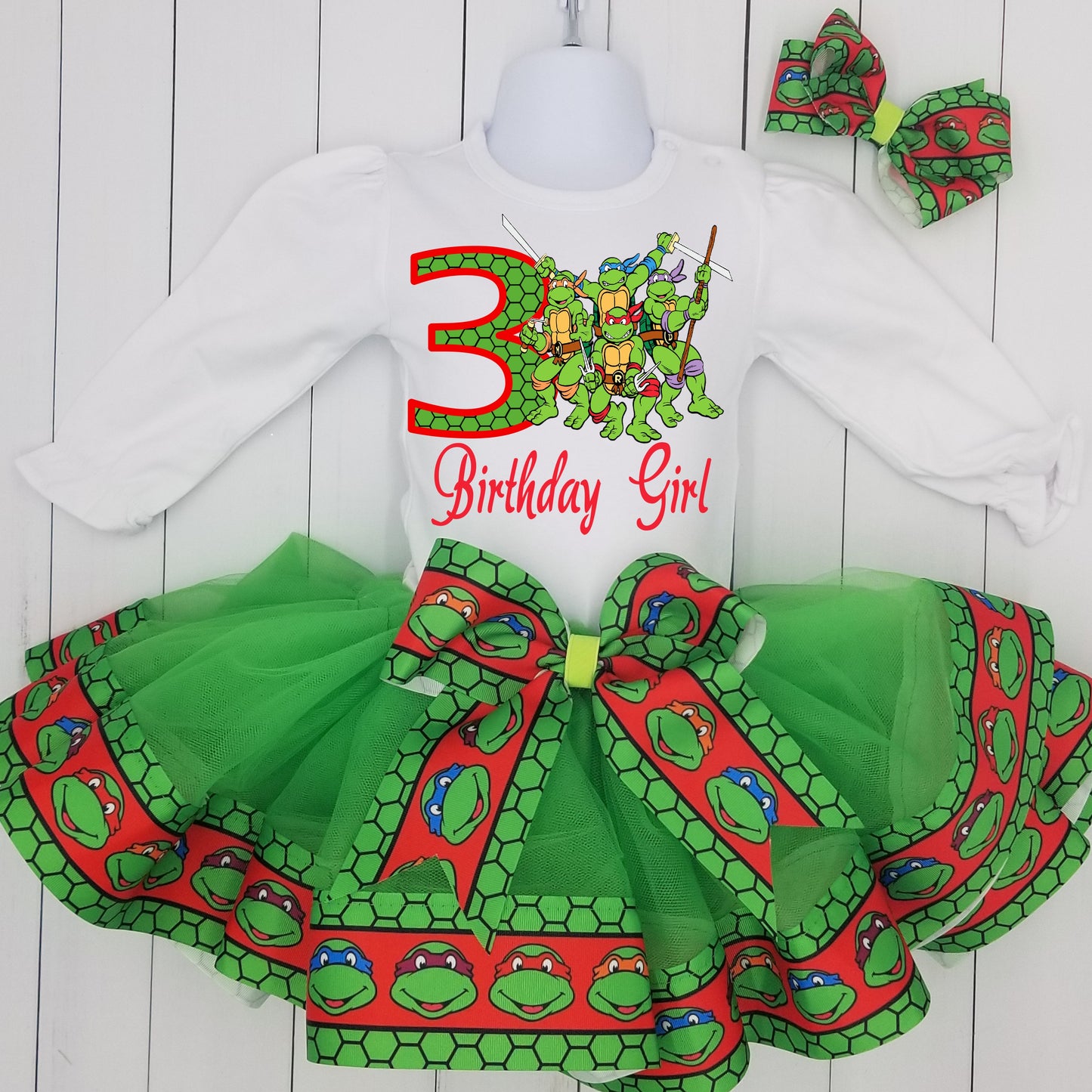 Girls 3 Piece NINJA TURTLE Birthday Ribbon Tutu Outfit Includes Ribbon Tutu, Tshirt or Onesie and Hair Bow (Copy)