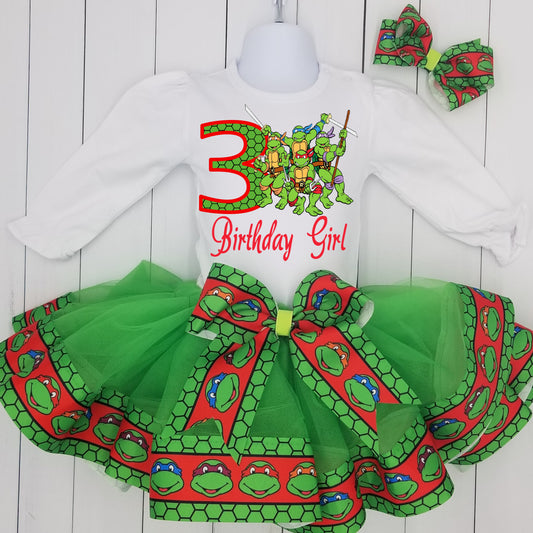 Girls 3 Piece NINJA TURTLE Birthday Ribbon Tutu Outfit Includes Ribbon Tutu, Tshirt or Onesie and Hair Bow