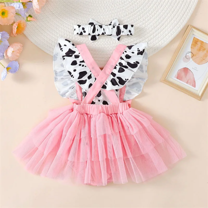 Baby Girls Pink & Cow Print 2 Piece Romper Dress | Baby Toddler Pink  Farm Romper and Matching Headband | Great Baby Gift!