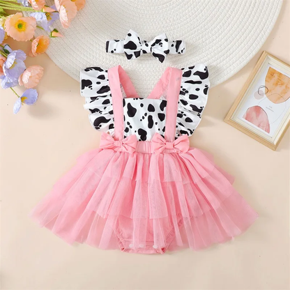 Baby Girls Pink & Cow Print 2 Piece Romper Dress | Baby Toddler Pink  Farm Romper and Matching Headband | Great Baby Gift!