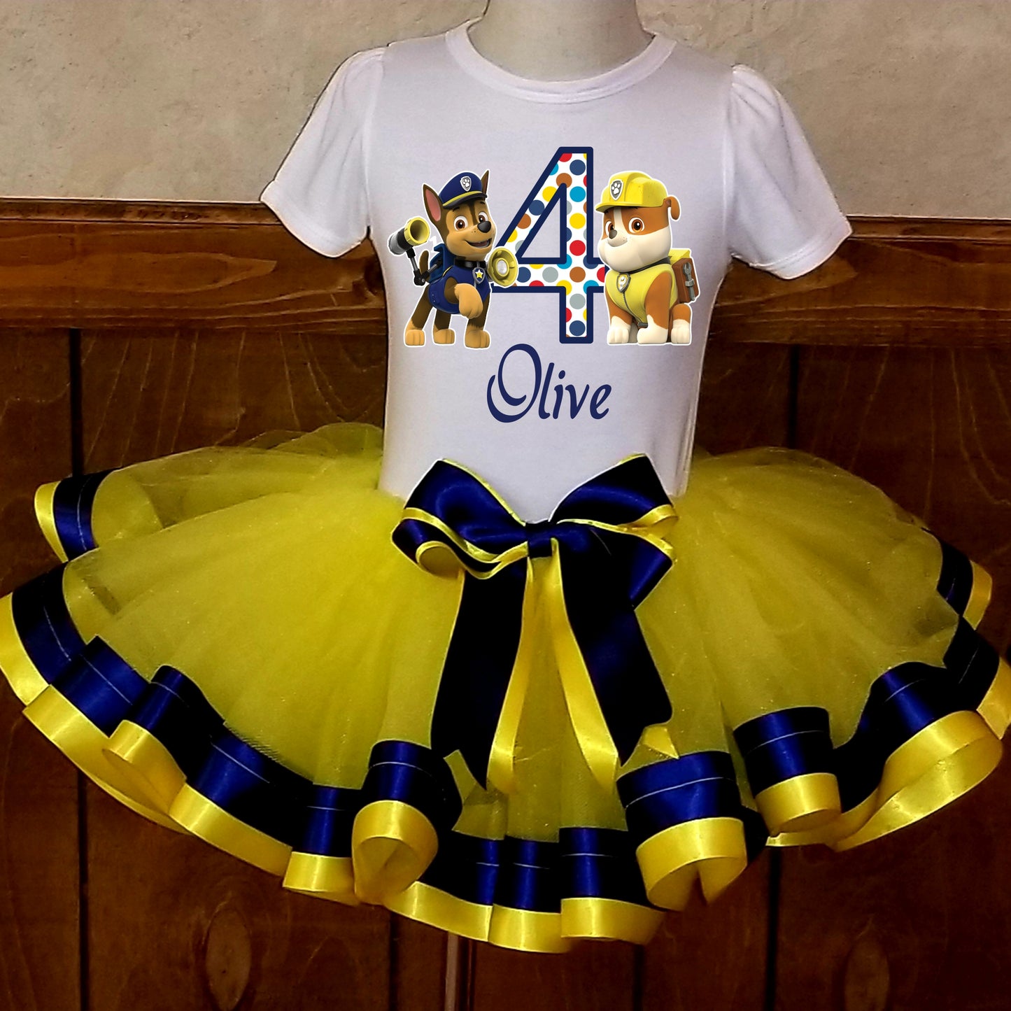 Girls 3 Piece PAW PATROL Ruble and Chase Birthday Ribbon Tutu Outfit Includes Ribbon Tutu, Tshirt or Onesie and Matching Hair Bow