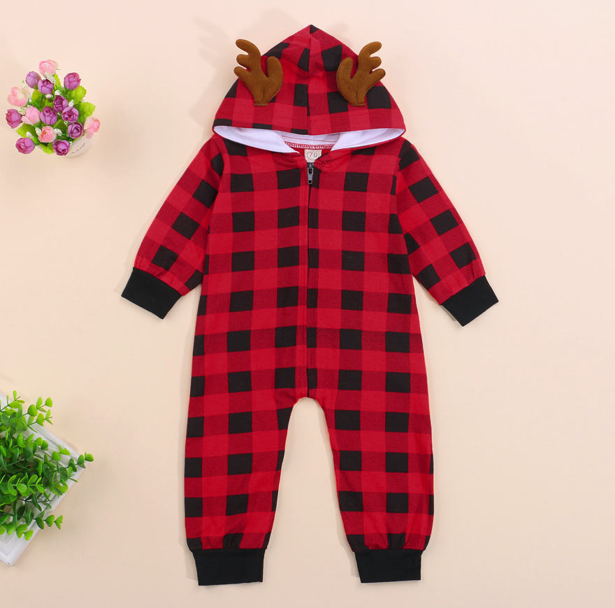 Girls Buffalo Plaid Christmas Hooded Romper | CLEARANCE SALE | Baby Christmas Buffalo Plaid Outfit | Christmas Clearance 70% Off!