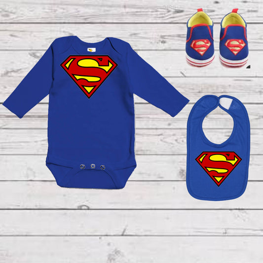 Baby Toddler Girls Boys SUPERMAN Onesie Outfit | 3 Piece Royal Blue Long Sleeve Onesie, Matching Bib & Shoes | Great Baby Gift!