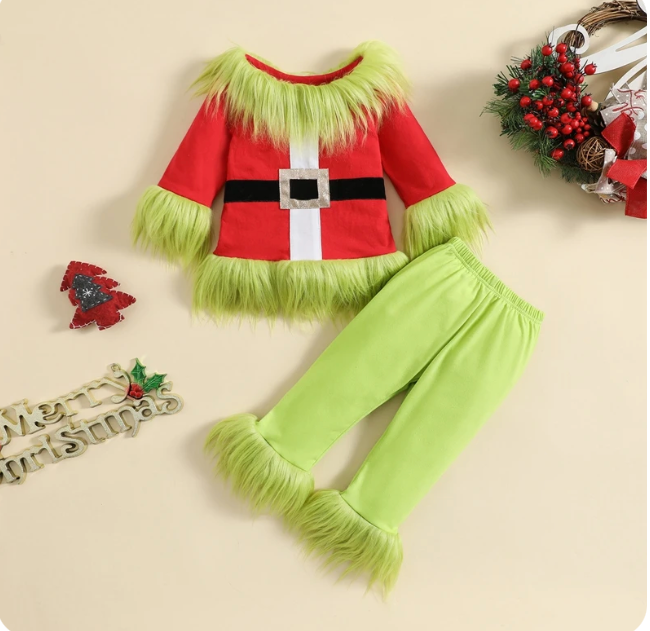 BABY Boys 2 Piece GRINCH CHRISTMAS Costume | Includes Furry Green JOGGERS with a Santa Long Sleeve Red TOP with Green Fir | ADORABLE!