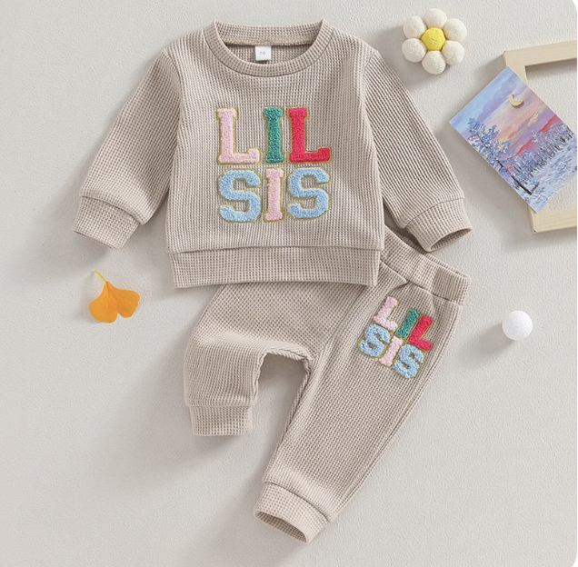 Baby Toddler Girls 2 Piece Embroidered Lil Sis Outfit | Little Sister Knit Jogger Outfit | Adorable!