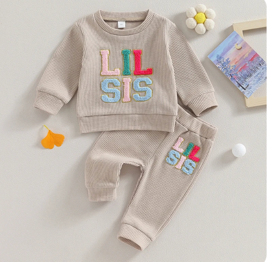 Baby Toddler Girls 2 Piece Embroidered Lil Sis Outfit | Little Sister Knit Jogger Outfit | Adorable!