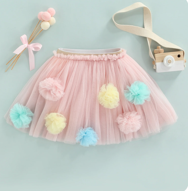 Girls Mauve Pink Pastel Pompom Tutu | Large Pompom Multi Color Toddler Tutu | CLEARANCE!