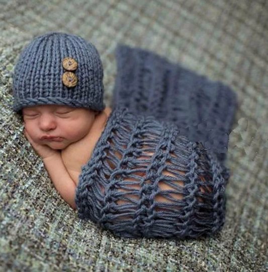 BABY Boys Crochet Swaddle Blanket & Hat Photo Prop Outfit | Newborn Blue Gray Wrap and Matching Hat | GOING FAST!