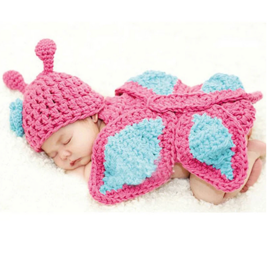 BABY Girls Crochet BUTTERFLY 2 Piece Photo Prop Outfit | Newborn Pink and Turquoise Butterfly Costume | ADORABLE!