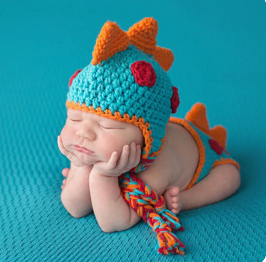 BABY Crochet DINOSAUR Hat Photo Prop Outfit | Newborn Dino Hat with Spikes & Matching Bloomers| ADORABLE!