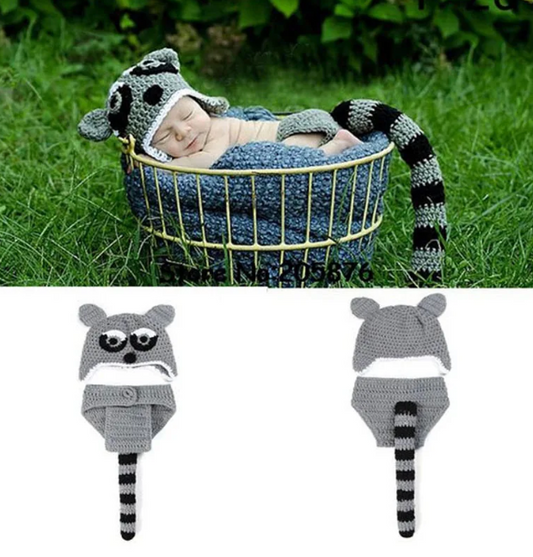 BABY Girls Crochet RACOON 2 Piece Photo Prop Outfit | Newborn Gray & Black Raccoon Costume | Outfit Includes Hat & Bloomers with tail