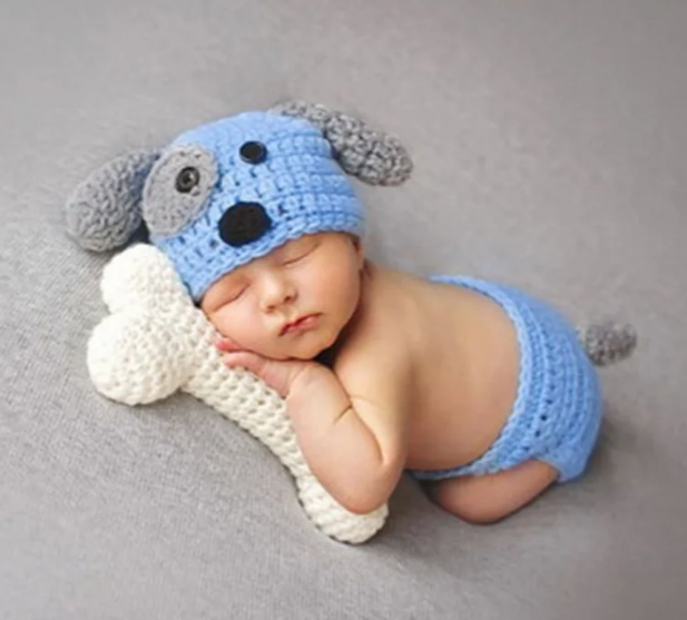 BABY Girls BOYS Crochet PUPPY DOG 3 Piece Photo Prop Outfit | Newborn Light Blue Costume | Outfit Includes Hat, Bloomers, & Bone