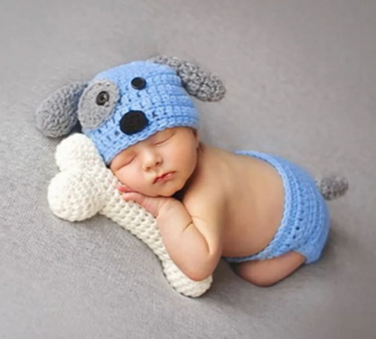 BABY Girls BOYS Crochet PUPPY DOG 3 Piece Photo Prop Outfit | Newborn Light Blue Costume | Outfit Includes Hat, Bloomers, & Bone