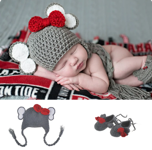 BABY Girls Crochet ELEPHANT 2 Piece Photo Prop Outfit | Newborn Gray & Maroon Elephant Costume | Outfit Includes Hat & Booties