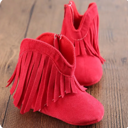 Baby Toddler Red Cowboy Boot Slippers | First Walkers Fringe Boots | Great for Baby Gift!