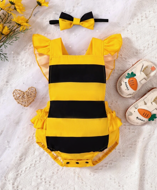 Baby Girls Striped Bumble Bee Romper Outfit | Baby Toddler Yellow Striped Ruffle Bloomer Overalls with Matching Headband | Great Baby Gift!