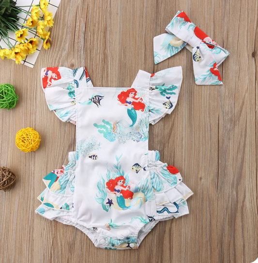 Baby Girls LITTLE MERMAID Romper Outfit | Baby Toddler White Ruffled Bloomer Overalls with Matching Headband | Great Baby Gift!