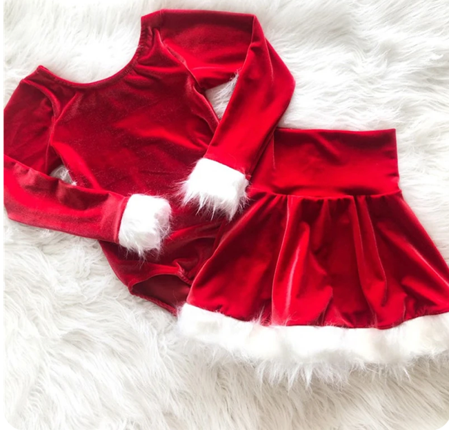 Girls Christmas 2 Piece VELOUR Santa Outfit | CLEARANCE SALE | Red Skirt, and Matching Top | Christmas Red Velvet Soft Girls Outfit | CLEARANCE!