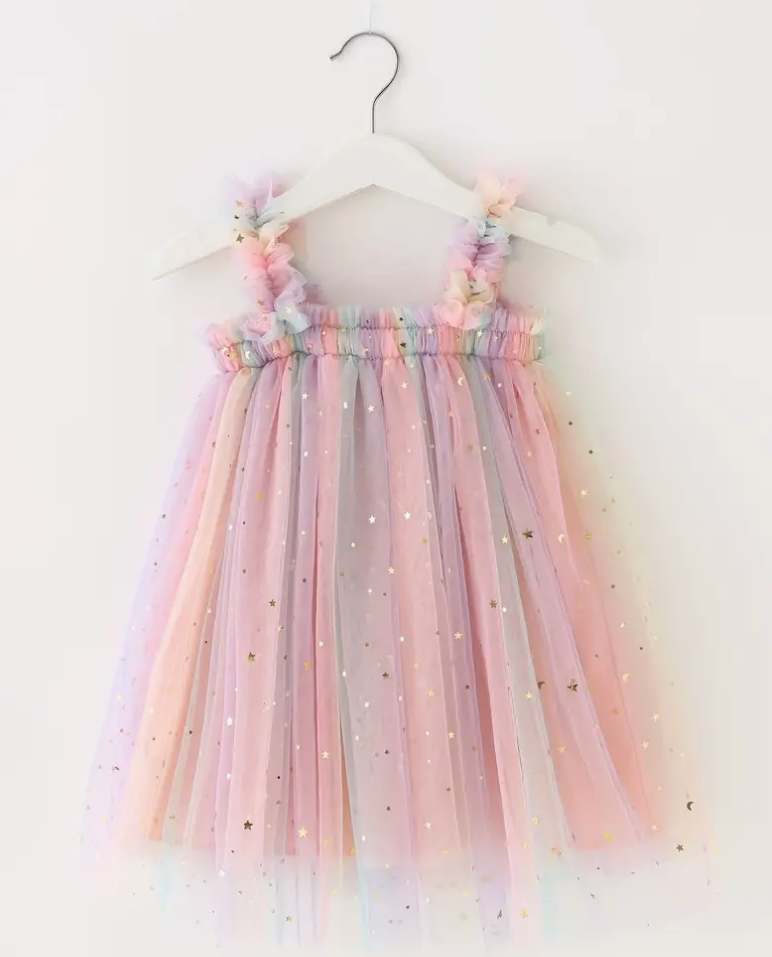 Baby Girl Toddler Pastel Tulle Layered Dress with Tiny Gold Stars | Fluffy Party Tulle Dress with Small Gold Stars | Perfect For BIRTHDAY Pictures