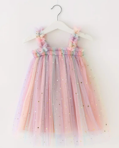 Baby Girl Toddler Pastel Tulle Layered Dress with Tiny Gold Stars | Fluffy Party Tulle Dress with Small Gold Stars | Perfect For BIRTHDAY Pictures