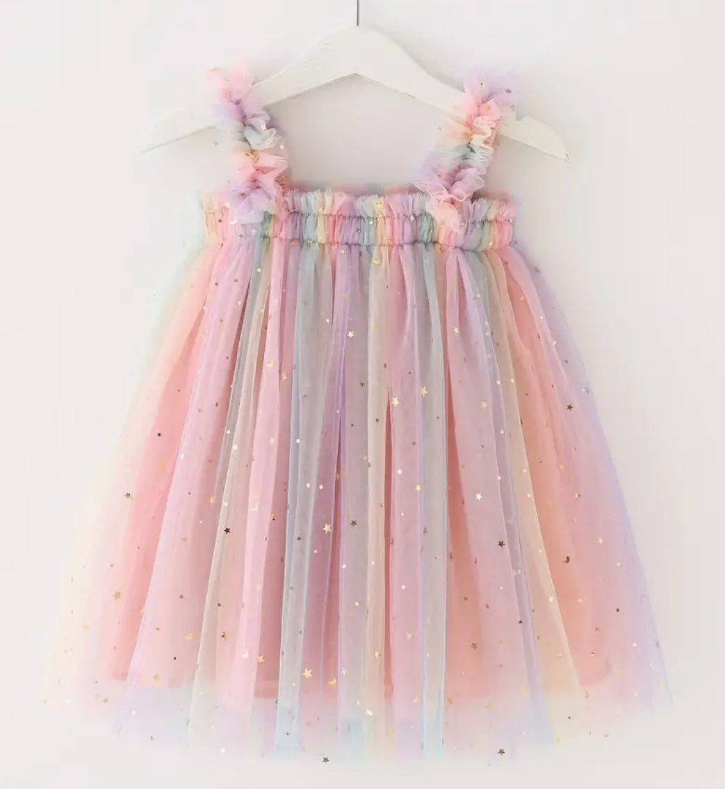 Baby Girl Toddler Pastel Tulle Layered Dress with Tiny Gold Stars | Fluffy Party Tulle Dress with Small Gold Stars | Perfect For BIRTHDAY Pictures