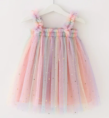 Baby Girl Toddler Pastel Tulle Layered Dress with Tiny Gold Stars | Fluffy Party Tulle Dress with Small Gold Stars | Perfect For BIRTHDAY Pictures