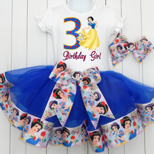 Girls SNOW WHITE 3 Piece Ribbon Tutu Outfit | Royal Blue & Yellow Snow White Ribbon Tutu, Tshirt or Onesie and Matching Hair Bow | Adorable!