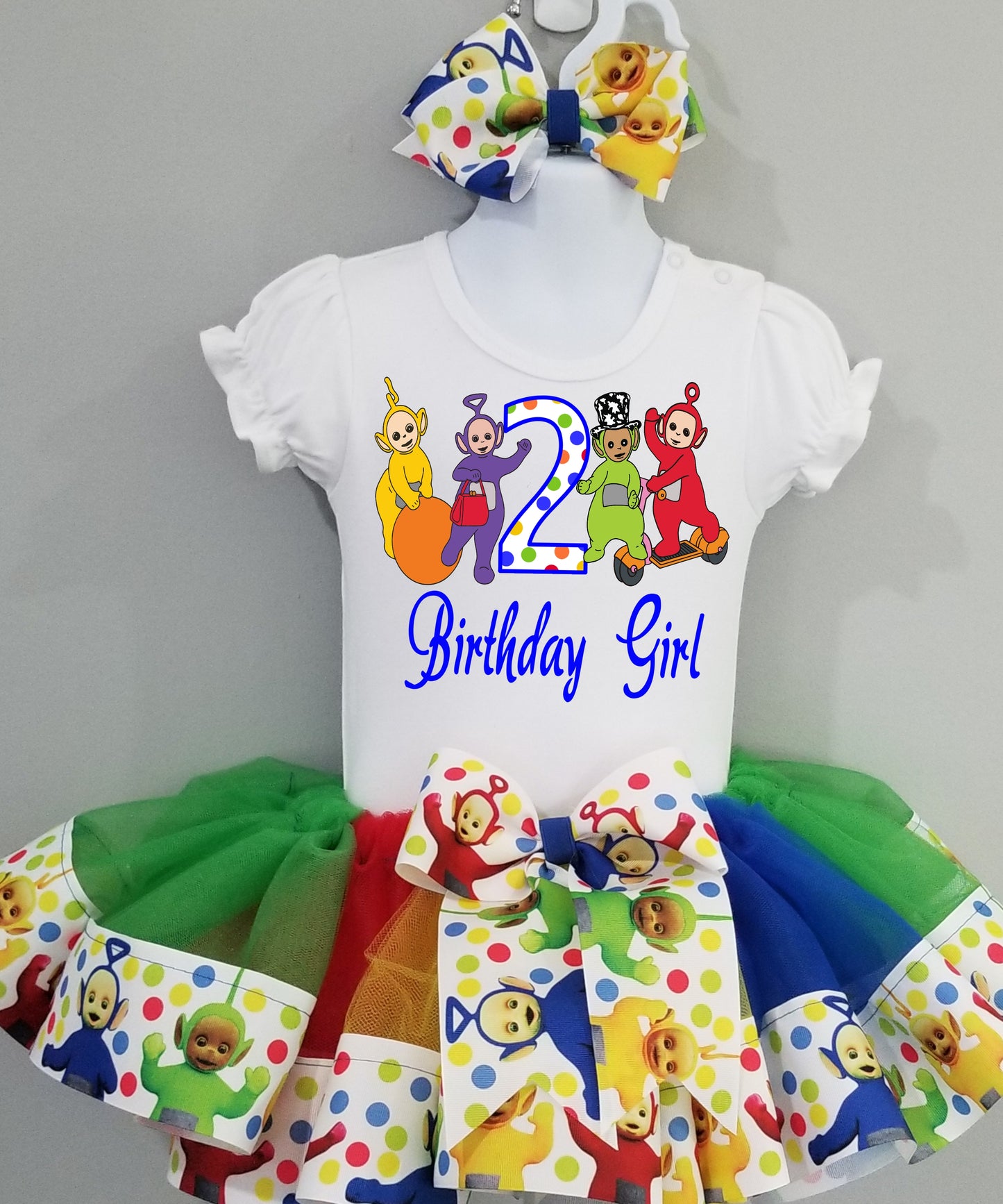 Girls 3 Piece TELETUBBIES Birthday Ribbon Tutu Outfit | Ribbon Tutu, Tshirt or Onesie & Matching Hair Bow | TELETUBBIES Birthday Dress