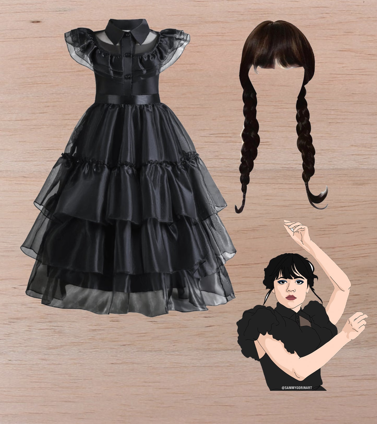 Girls 2 Piece WEDNESDAY Halloween Costume | Wednesday Long Black Dress and Matching Wig | Adams Family Halloween Costume | ADORABLE!