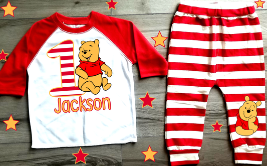 Baby Toddler Boys Red & White Stripe WINNIE THE POOH JOGGERS & Matching Raglan Tshirt | 2 Piece Birthday Pooh Bear Raglan Shirt and Sweatpants | Adorable!